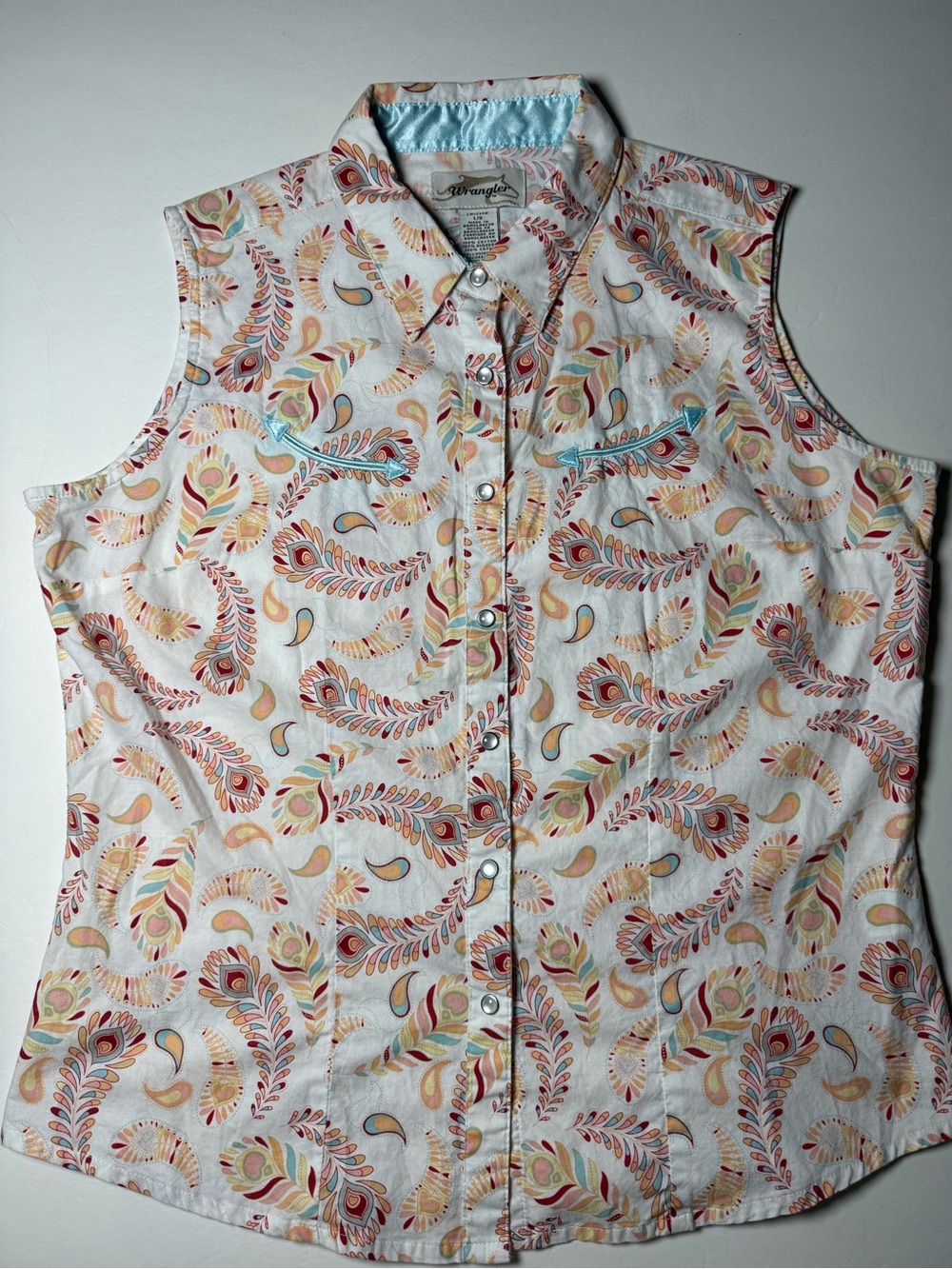 Wrangler Western Snap Sleeveless Paisley Shirt Large 100% cotton white blue